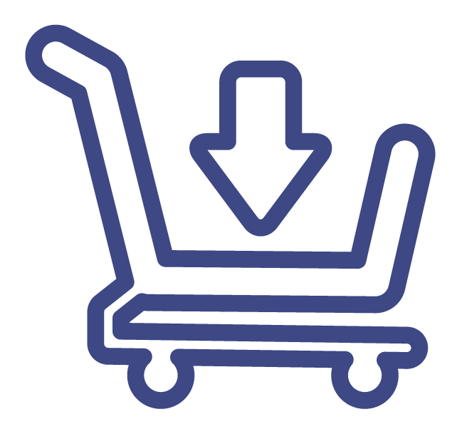 Ícono de carro de compras con flecha hacia abajo representando proceso de compra fácil en Profan.cl