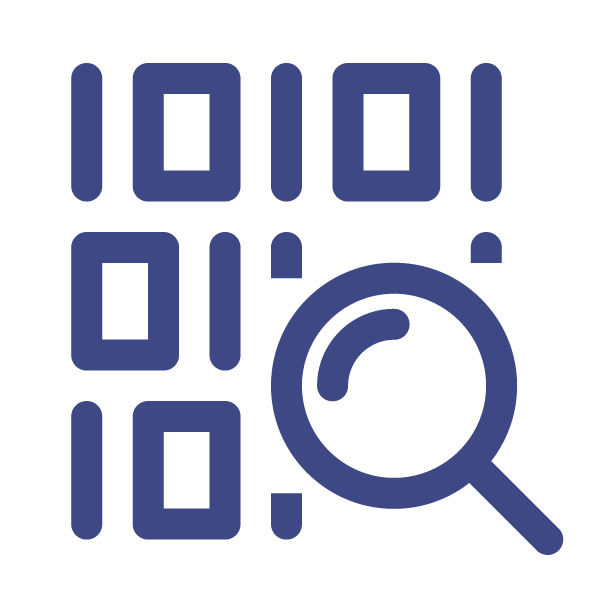 Ícono de lupa sobre datos binarios representando inspección digital y trazabilidad en Profan.cl